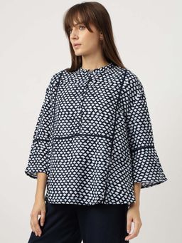 Marks & Spencer - Blue Linen Mix Printed Mandarin Collar Top