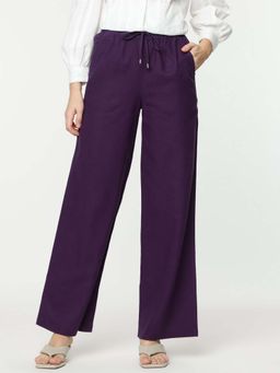 Marks & Spencer - Purple Linen Mix Plain Wide Leg Trousers