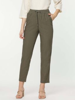 Marks & Spencer - Olive Linen Mix Plain Ankle Leg Trousers