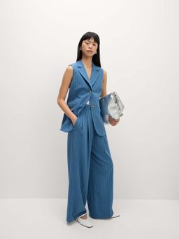Marks & Spencer - Blue Pinstripe Pleat Front Wide Leg Trousers