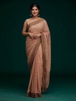 Koskii - Peach Stonework Shimmer Saree with Unstitched Blouse
