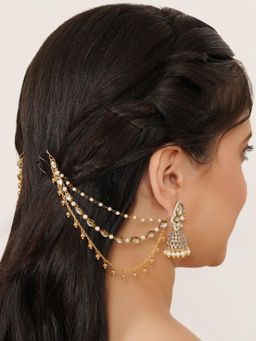 BeAbhika - Kundan Pearl Layered Ear Hair Chain with Golden Drops