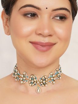 BeAbhika - Aqua Pearl Kundan Floral Adjustable Necklace
