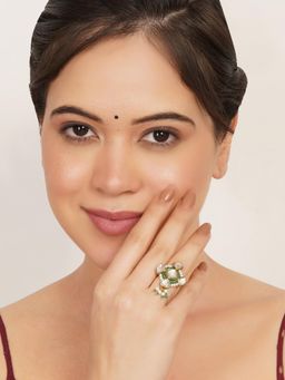 BeAbhika - Emerald Green Kundan Pearl Adjustable Ring