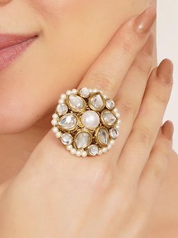 BeAbhika - Pearl Kundan Floral Statement Adjustable Ring