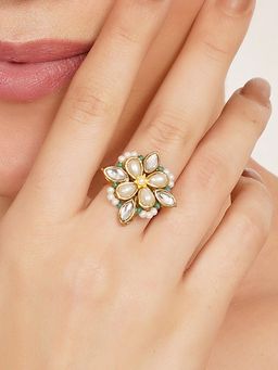 BeAbhika - Kundan and Pearl Floral Adjustable Ring