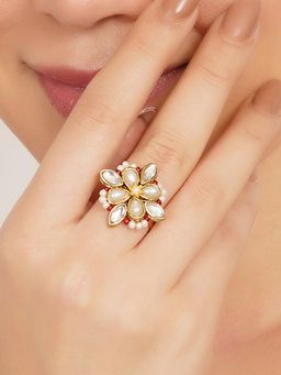 BeAbhika - Kundan and Pearl Floral Adjustable Ring