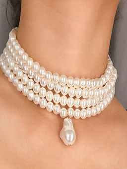 AQUASTREET - Baroque Pearl Drop Choker Necklace |Multi-Layered White Pearl Statement Necklace
