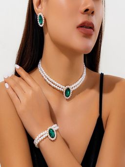 AQUASTREET - Green Stone Multi-Layered Pearl Choker Necklace, Bracelet, and Stud Earrings Set