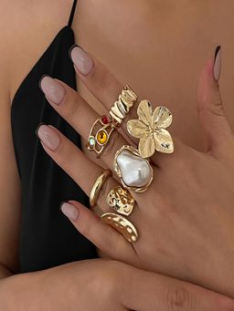 AQUASTREET - Gold Plated Anti-tarnish Baroque Pearl Floral Statement Stack Rings (Set of 6)
