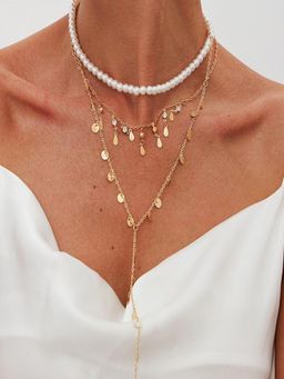 AQUASTREET - Set of 3 - Gold Plated Coin Drops and Beaded Pearl Layered Necklace