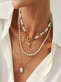 AQUASTREET - Set of 3 - Gold Plated Anti-Tarnish Beaded Pearl Layered Necklace