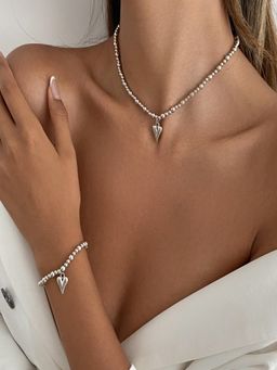 AQUASTREET - Silver Plated Anti-Tarnish Beaded Heart Pendant and Bracelet Set