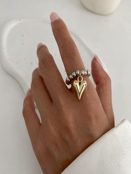 AQUASTREET - Two-Tone Silver beads with Heart Drop Stretchable Elastic Adjustable Ring