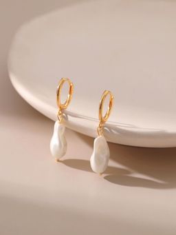 AQUASTREET - 18K Gold Plated Baroque Style Pearl Drop Huggie Earrings, Waterproof Antitarnish