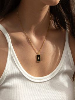 AQUASTREET - 18K Gold Plated Rectangular Black Pendant Necklace, Waterproof Anti-Tarnish