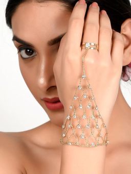 AQUASTREET - Gold Plated Haathphool Rhinestone Ring Bracelet, Pack of 1, Jewellery for Wedding