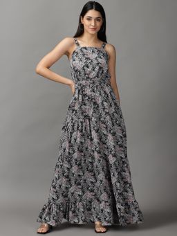 SHOWOFFFF - Womens Halter Neck Maxi Black Abstract Dress (Set of 2)