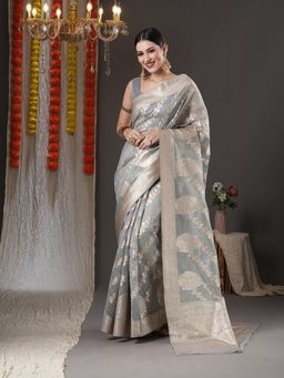 Akhilam - Womens Organza Grey Woven Design Designer Saree with Unstitched Blouse