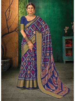Sangam Prints - Navy Blue Cotton Printed Traditional Saree with Unstitched Blouse