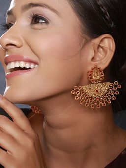 Saraf RS Jewellery - Gold Plated Stones Studded Temple Lakshmi Chandbali Earrings