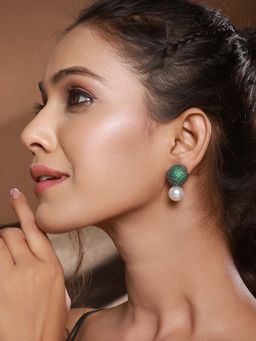 Saraf RS Jewellery - Green Ad and Pearl Beaded Designer Luxe Drop Earrings