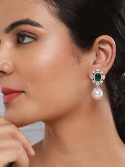 Saraf RS Jewellery - Silver Plated Emerald Green Ad Studded Pearl Drop Earrings