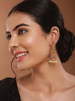 Saraf RS Jewellery - Gold Polish Zircon Studded Lakshmi Motif Designer Jhumka Earrings