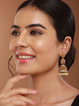 Saraf RS Jewellery - Gold Polish Multi-Color Studded Pearl Beaded Floral Jhumka Earrings