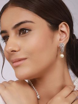 Saraf RS Jewellery - Silver Plated Pearl Beaded Minimal Drop Earrings