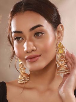 Saraf RS Jewellery - Gold Plated Yellow and Red Stone Kundan Lightweight Jhumka Earrings