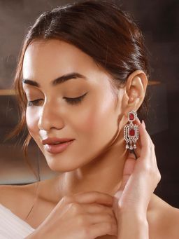 Saraf RS Jewellery - Silver Plated Red Ruby Studded Elegant Cocktail Drop Earrings