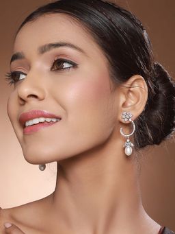 Saraf RS Jewellery - Silver Plated Pearl Beaded Ad Studded Drop Earrings