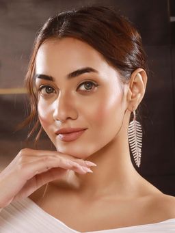 Saraf RS Jewellery - Rose Gold Plated White Zircon Studded Feather Drop Earrings