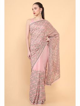 Soch - Women Pink Chiffon Floral Saree with Unstitched Blouse