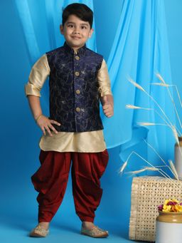 Vastramay - Boys Gold-navy Blue & Maroon Jacket With Kurta & Dhoti (Set of 3)
