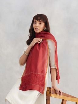 Fabindia - Maroon Cotton Silk Blend Chikankari Stole