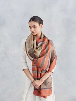 Fabindia - Orange Silk Hand Block Printed Stole