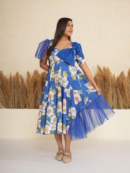 CLASYY - Cobalt Blue Floral Bow Midi Dress