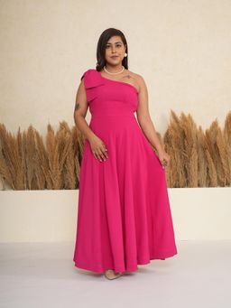 CLASYY - Pink One-Shoulder Bow Long Dress