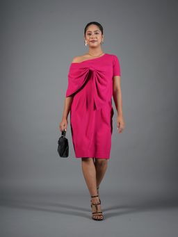 CLASYY - Fuchsia Pink Drape Bow Sheath Knee Dress