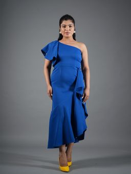 CLASYY - Cobalt Blue One-Shoulder High-Low Ruffle Midi Dress