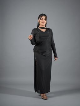 CLASYY - Midnight Black Long Sleeve Cowl Neck Gown