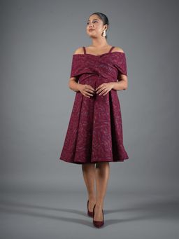 CLASYY - Burgundy Brocade Cross-Over Off-Shoulder Knee Dress
