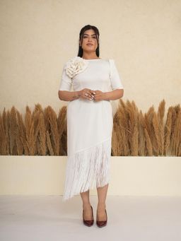 CLASYY - Ivory White 3D Rosette Fringe Midi Dress