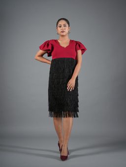 CLASYY - Crimson V-Neck Ruffle-Sleeve Fringe Midi Dress