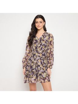 Madame - Plum Floral Print Fit And Flare Mini Dress
