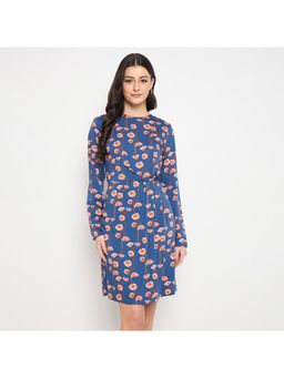 Madame - Blue Printed Rayon Flared Mini Dress