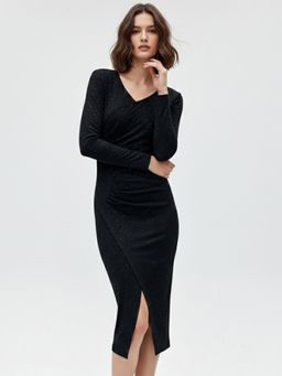 Outzidr - Black Shimmer Wrap Midi Dress