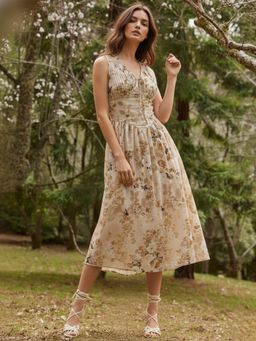 Outzidr - Yellow Fitted-Waist Midi Dress